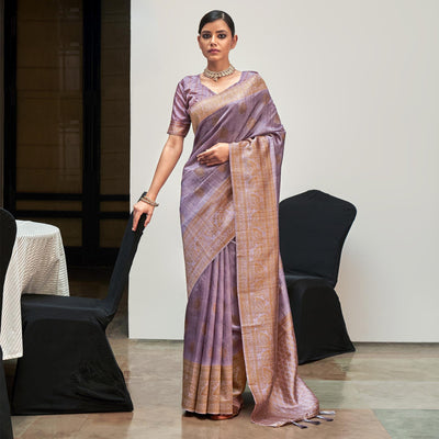 Light Lavender Digital Printed With Woven Border Art Silk Saree