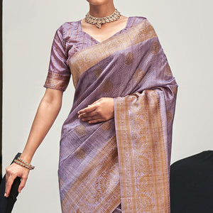 Light Lavender Digital Printed With Woven Border Art Silk Saree