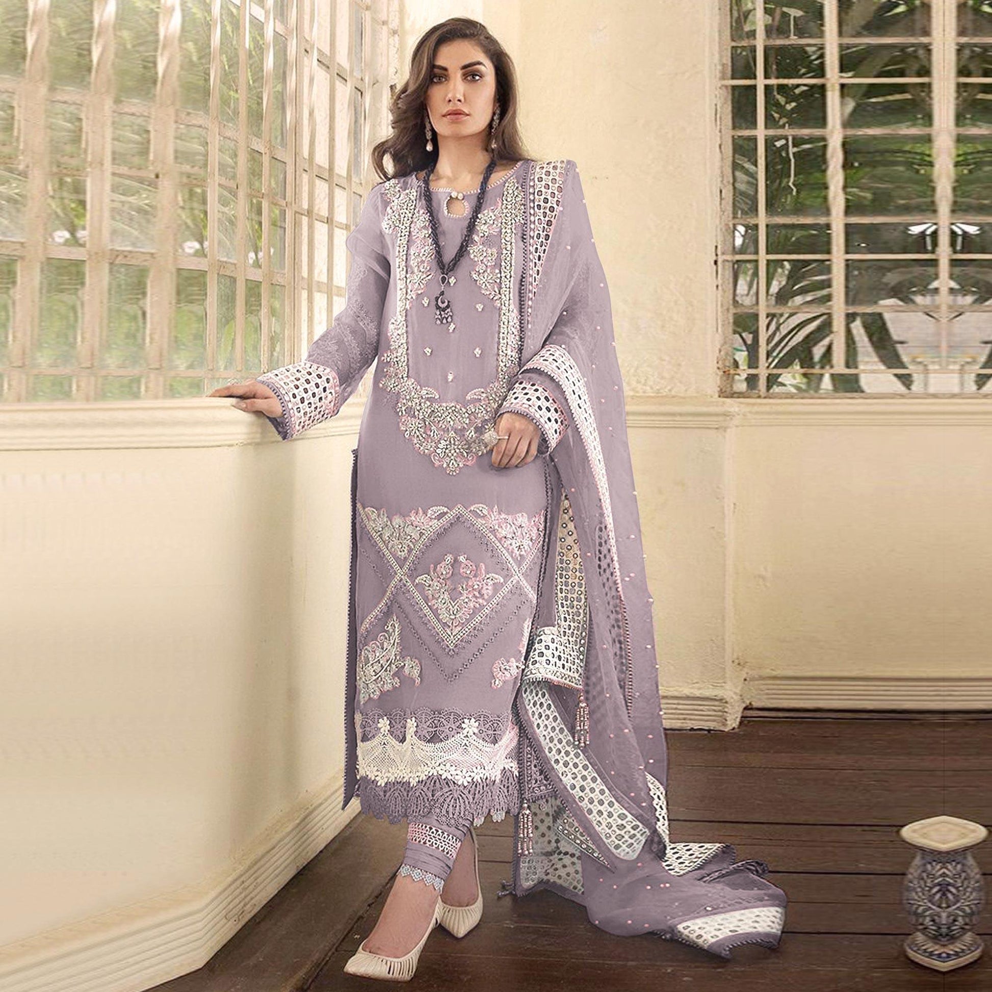 Light Lavender Embellished With Embroidered Georgette Pakistani Suit
