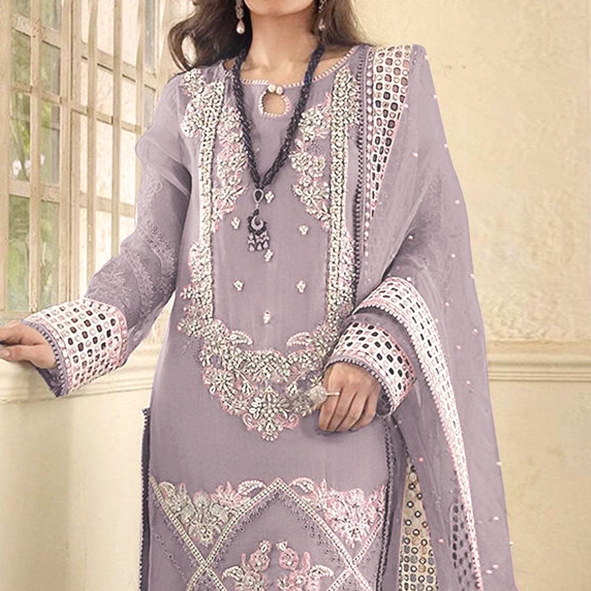 Light Lavender Embellished With Embroidered Georgette Pakistani Suit
