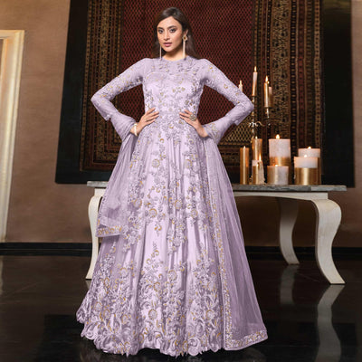 Light Lavender Embellished With Embroidered Net Anarkali Suit