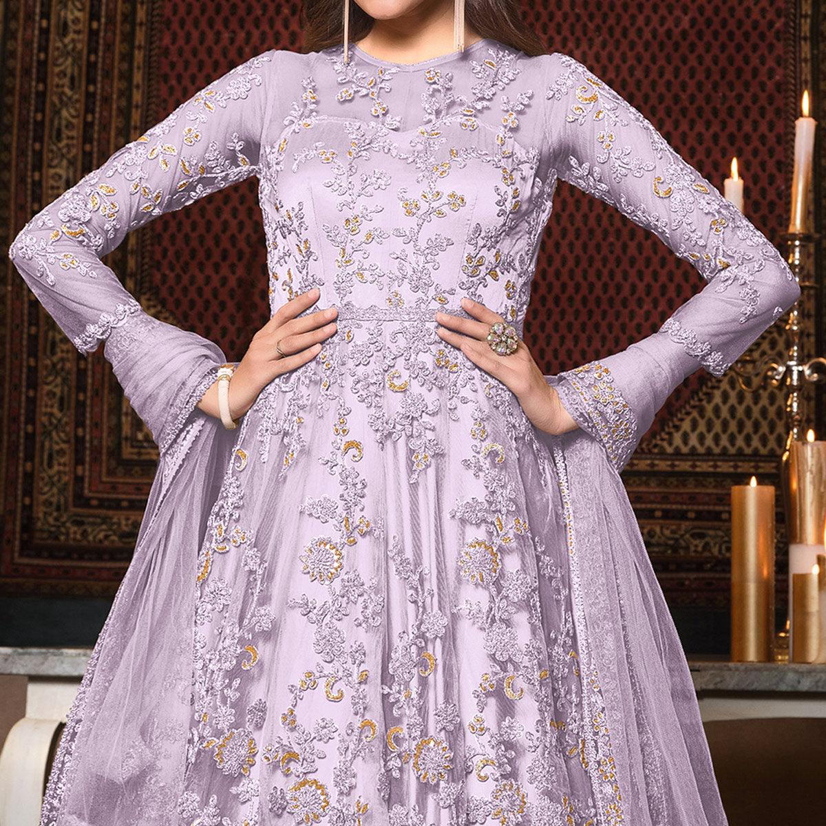 Light Lavender Embellished With Embroidered Net Anarkali Suit