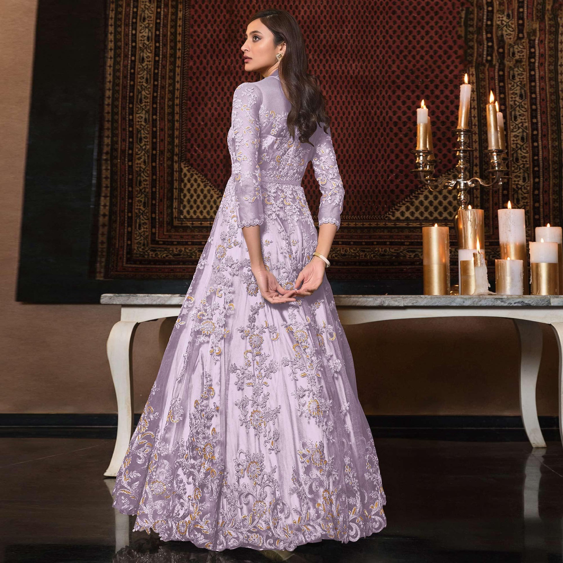 Light Lavender Embellished With Embroidered Net Anarkali Suit