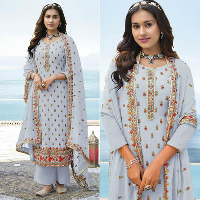 Light Lavender Embroidered Georgette Palazzo Suit