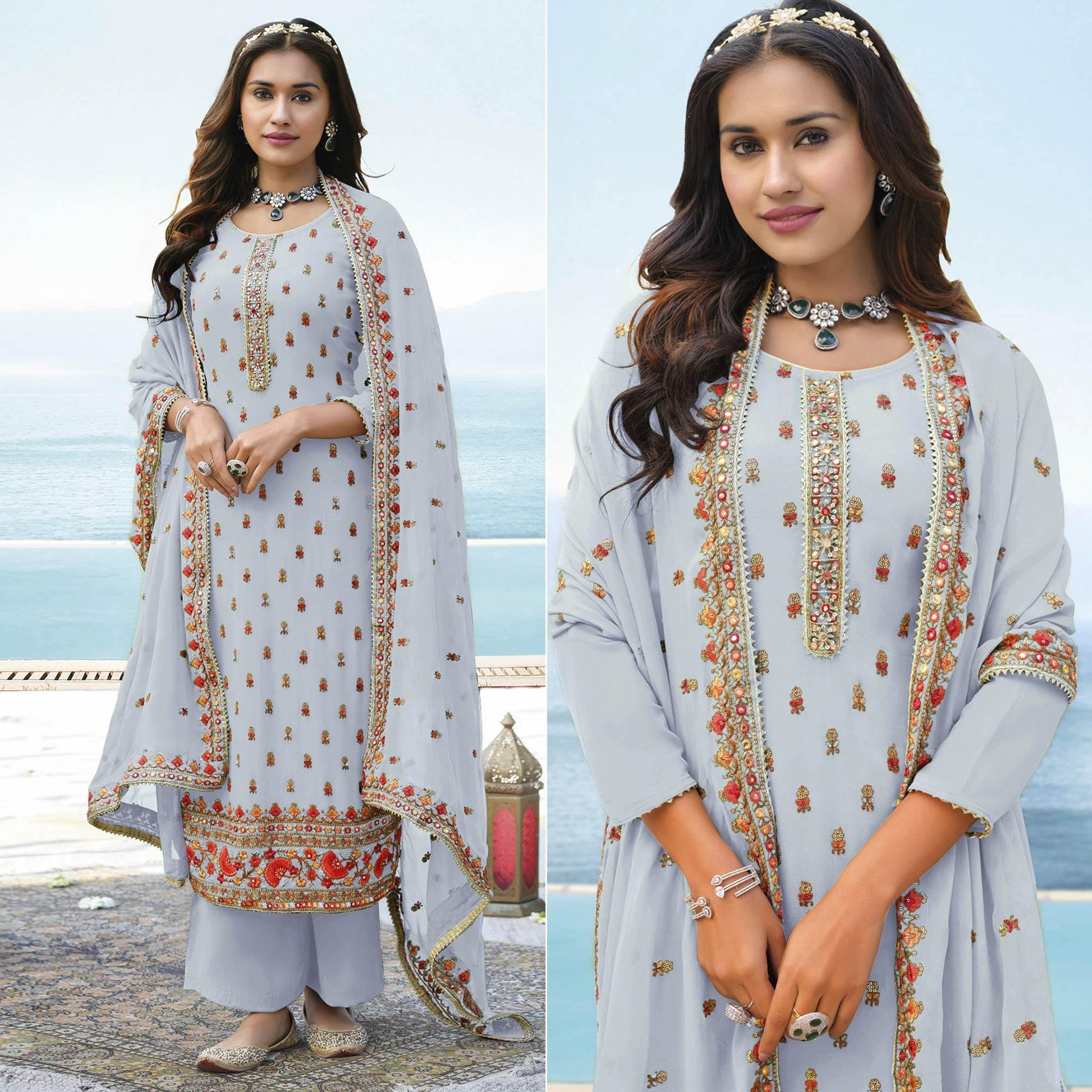 Light Lavender Embroidered Georgette Palazzo Suit