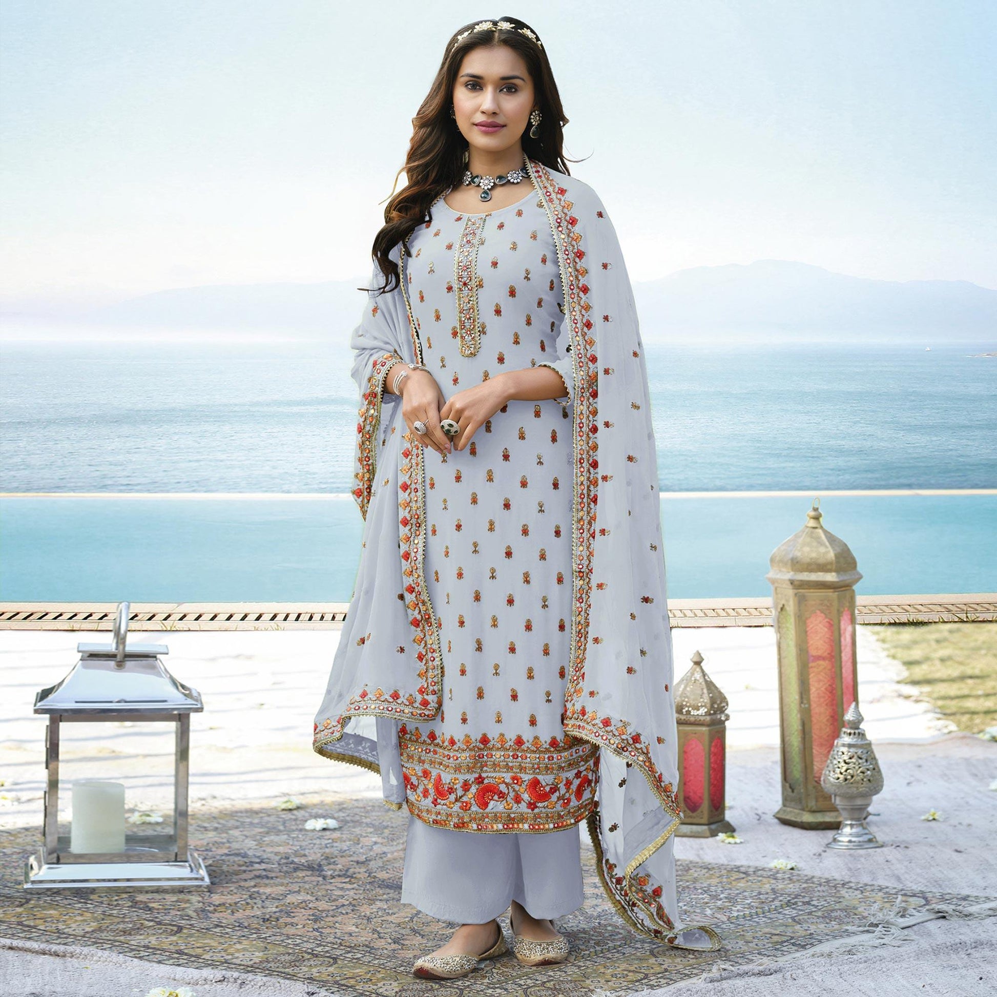 Light Lavender Embroidered Georgette Palazzo Suit