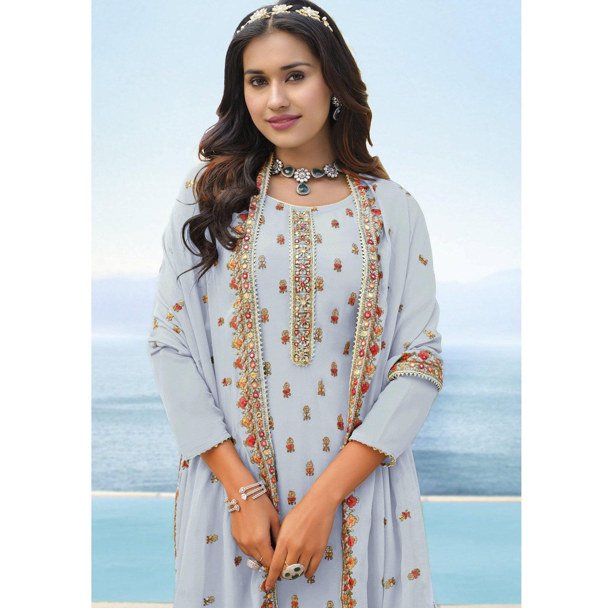 Light Lavender Embroidered Georgette Palazzo Suit