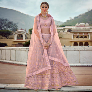 Light Lavender Partywear Embellished & Embroidered Net Lehenga Choli