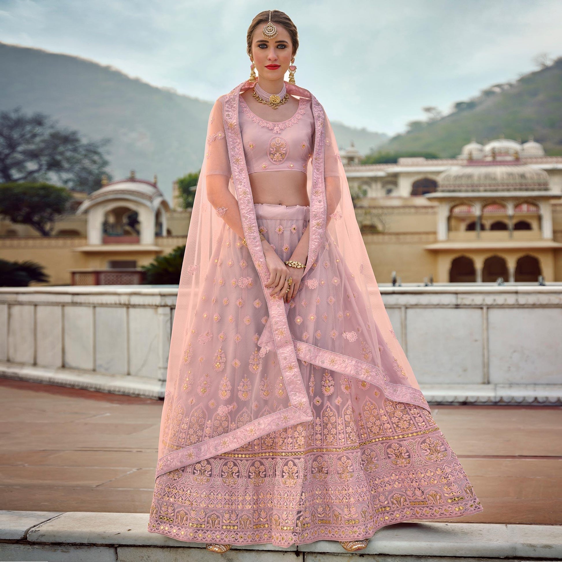 Light Lavender Partywear Embellished & Embroidered Net Lehenga Choli