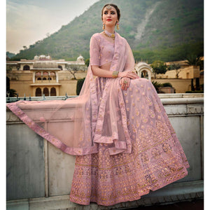 Light Lavender Partywear Embellished & Embroidered Net Lehenga Choli