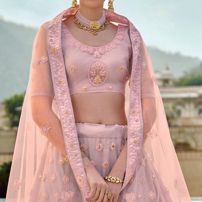 Light Lavender Partywear Embellished & Embroidered Net Lehenga Choli