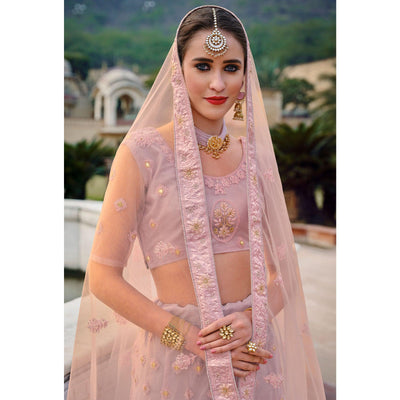 Light Lavender Partywear Embellished & Embroidered Net Lehenga Choli