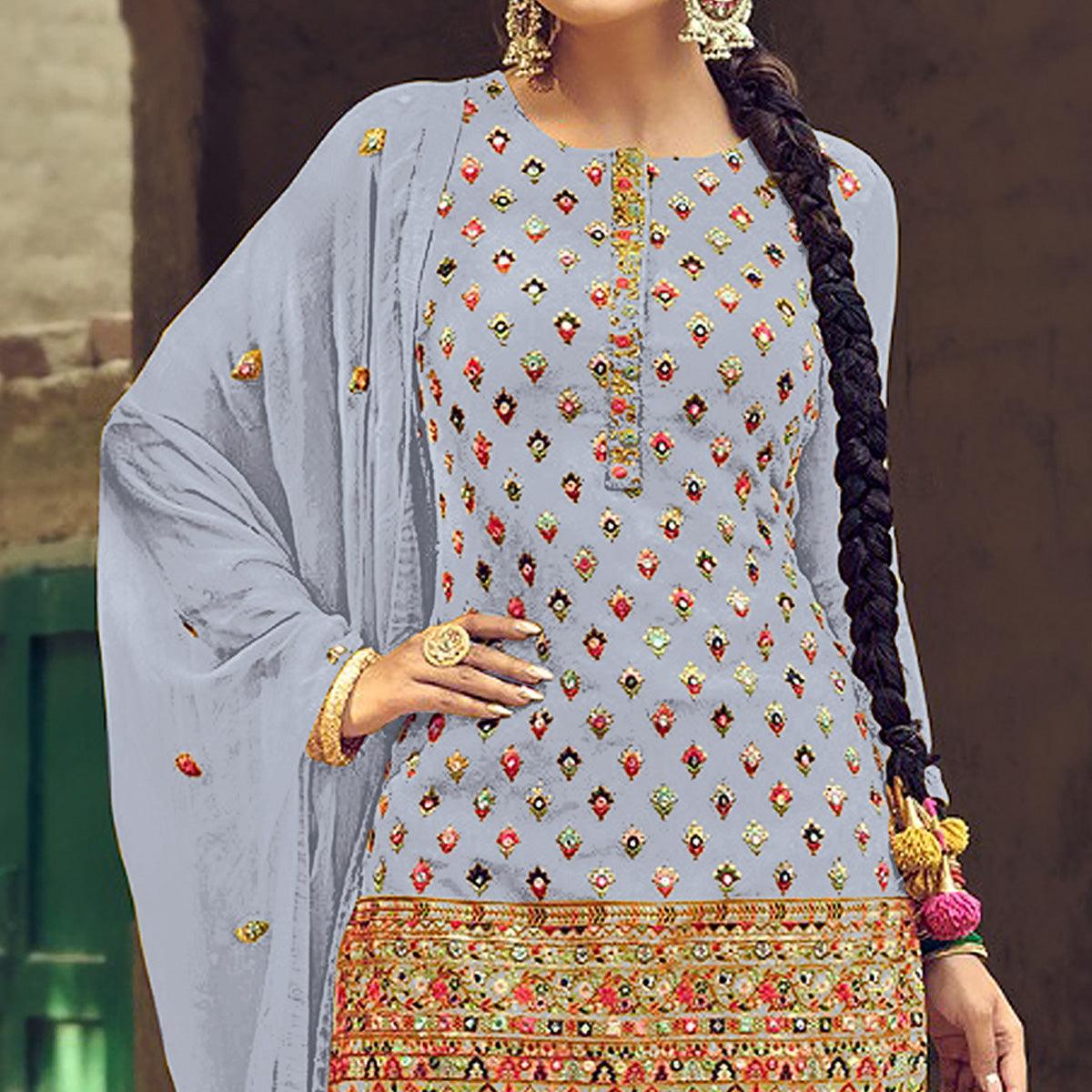 Light Lavendor Partywear Embroidered with Sequins Work Heavy Faux Georgette Patiala Suit