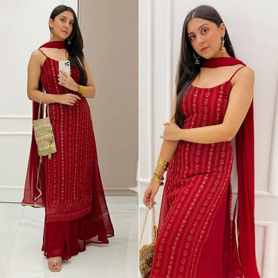 Light Maroon Partywear Lakhnavi Sequins Embroidered Georgette Palazzo Suit with Dupatta