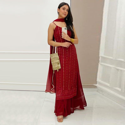 Light Maroon Partywear Lakhnavi Sequins Embroidered Georgette Palazzo Suit with Dupatta