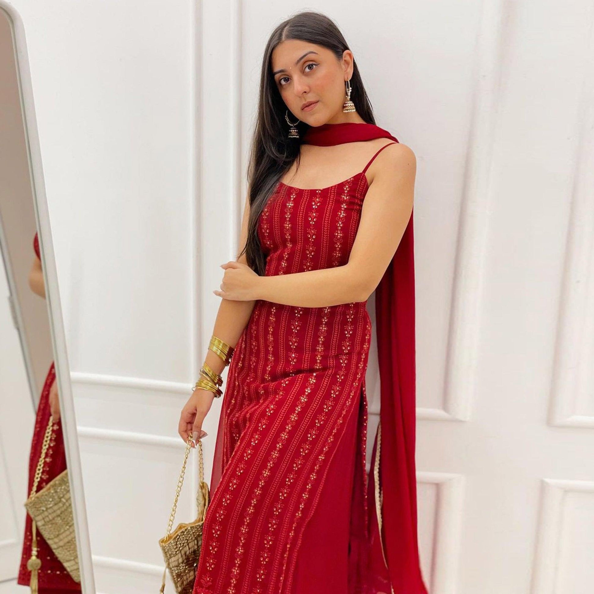 Light Maroon Partywear Lakhnavi Sequins Embroidered Georgette Palazzo Suit with Dupatta