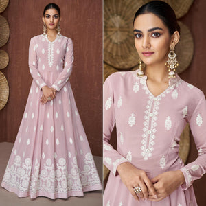 Light Mauve Lucknowi Embroidered Rayon Gown