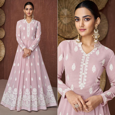 Light Mauve Lucknowi Embroidered Rayon Gown