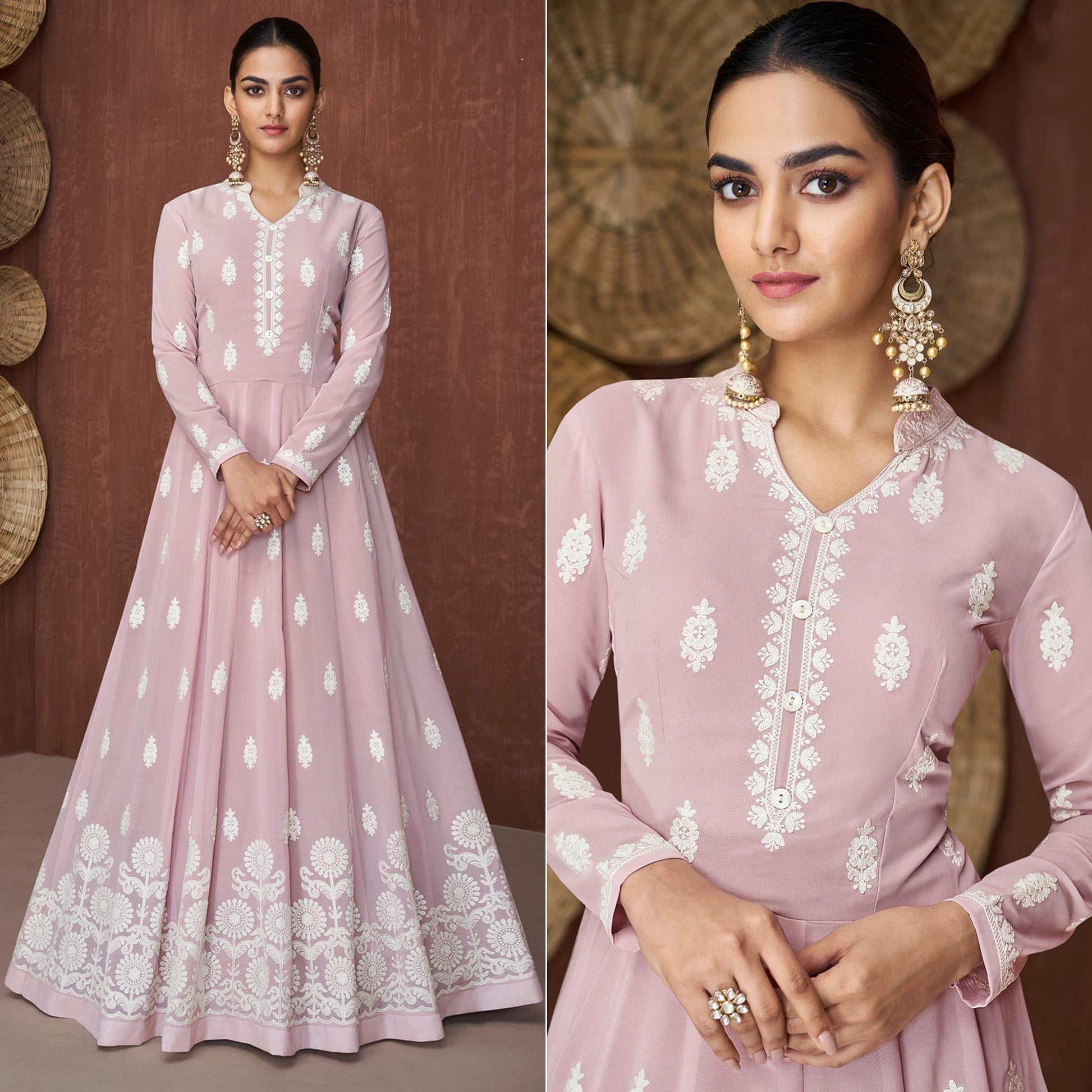 Light Mauve Lucknowi Embroidered Rayon Gown