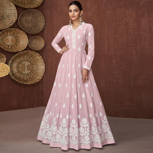 Light Mauve Lucknowi Embroidered Rayon Gown