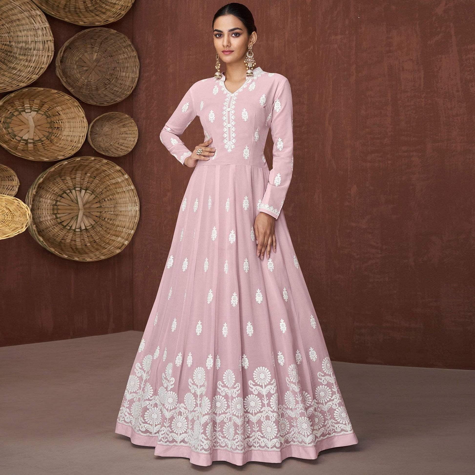 Light Mauve Lucknowi Embroidered Rayon Gown