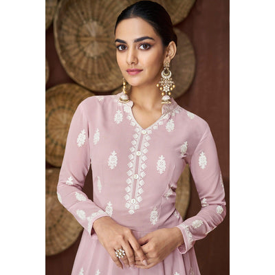 Light Mauve Lucknowi Embroidered Rayon Gown