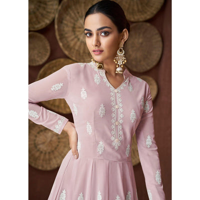 Light Mauve Lucknowi Embroidered Rayon Gown