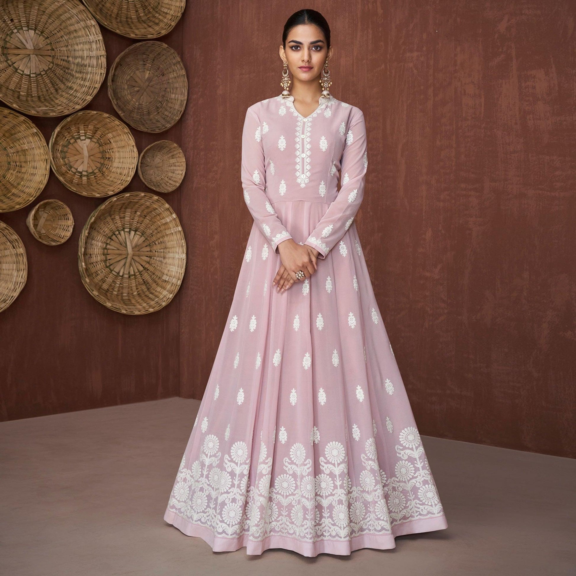 Light Mauve Lucknowi Embroidered Rayon Gown