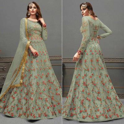 Light Mehendi Green Embroidered Netted Anarkali Suit