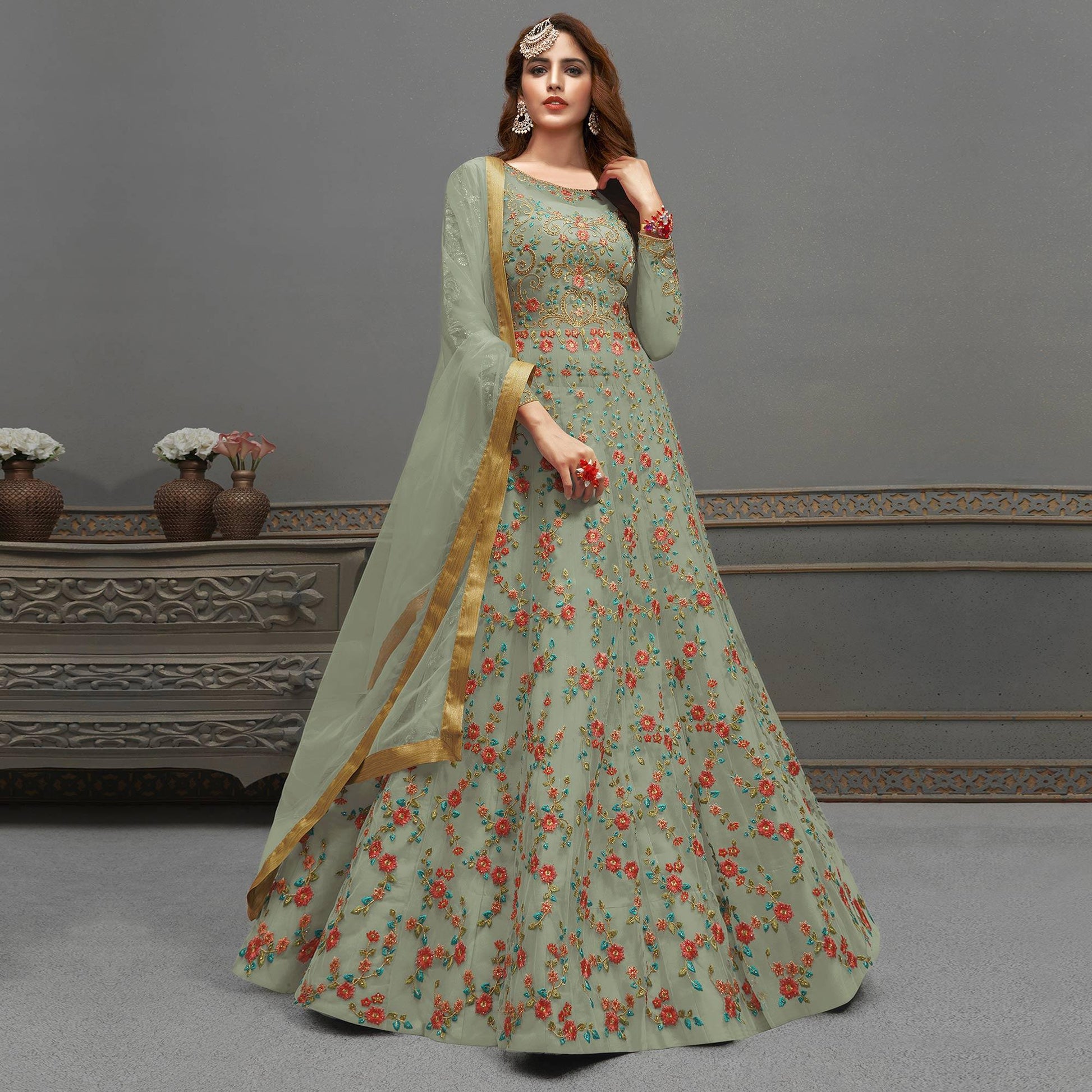 Light Mehendi Green Embroidered Netted Anarkali Suit