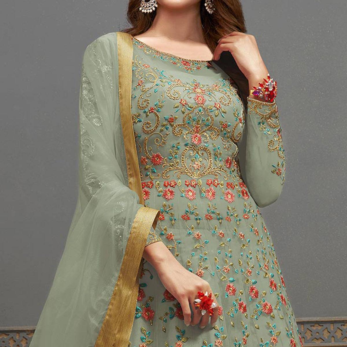 Light Mehendi Green Embroidered Netted Anarkali Suit