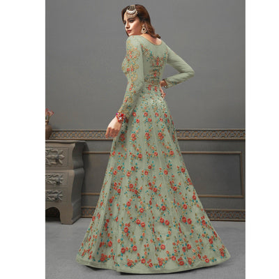 Light Mehendi Green Embroidered Netted Anarkali Suit