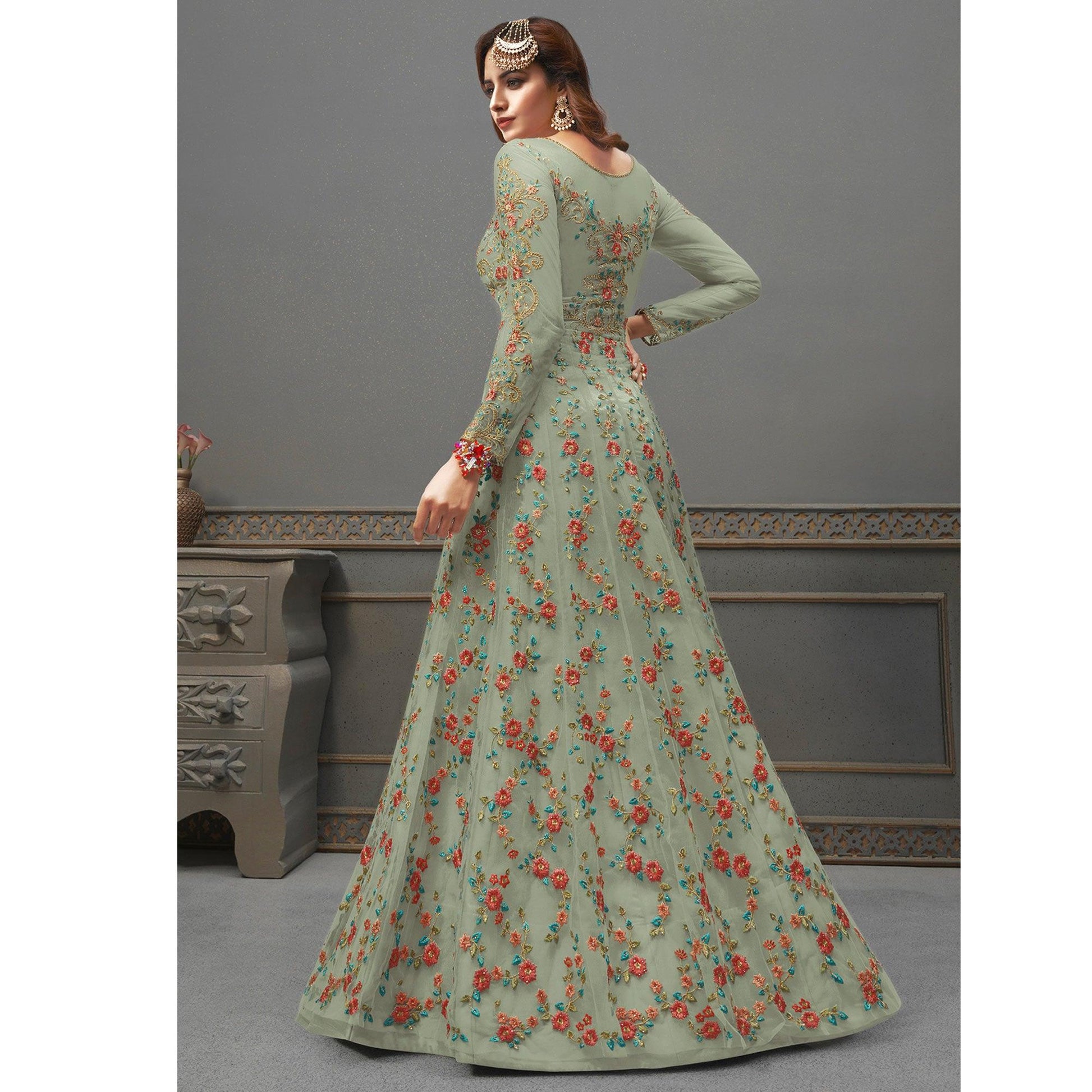 Light Mehendi Green Embroidered Netted Anarkali Suit