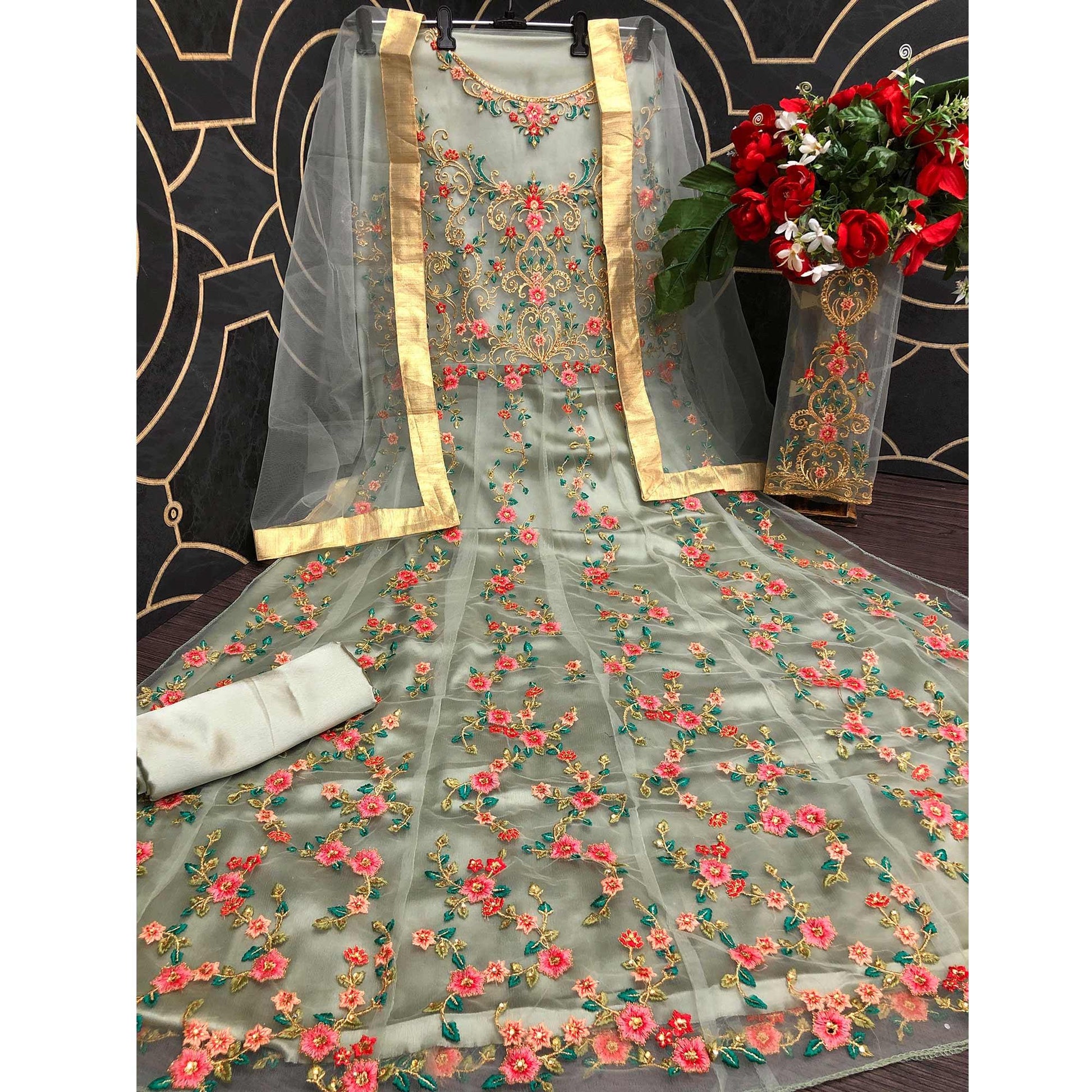 Light Mehendi Green Embroidered Netted Anarkali Suit