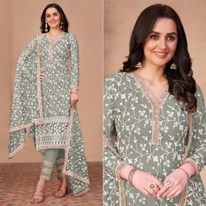 Light Mehendi Green Floral Embroidered Netted Suit