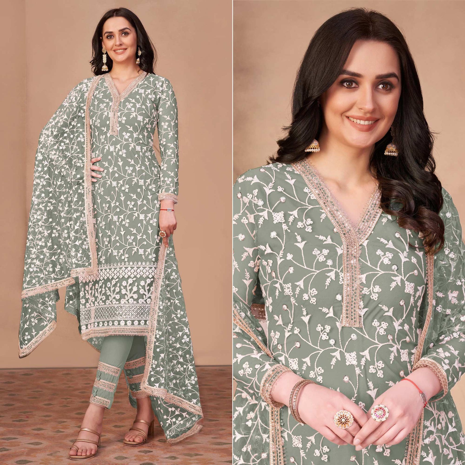 Light Mehendi Green Floral Embroidered Netted Suit