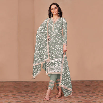 Light Mehendi Green Floral Embroidered Netted Suit