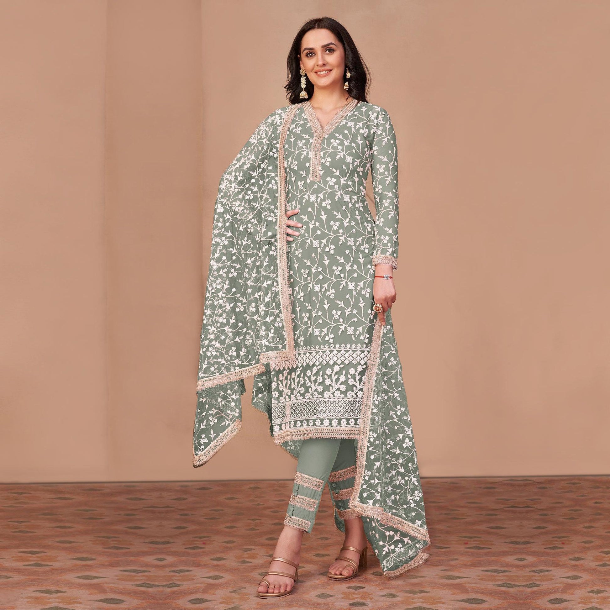 Light Mehendi Green Floral Embroidered Netted Suit