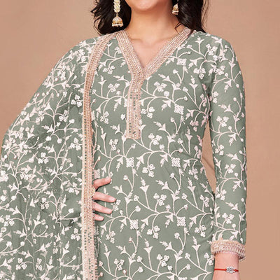 Light Mehendi Green Floral Embroidered Netted Suit
