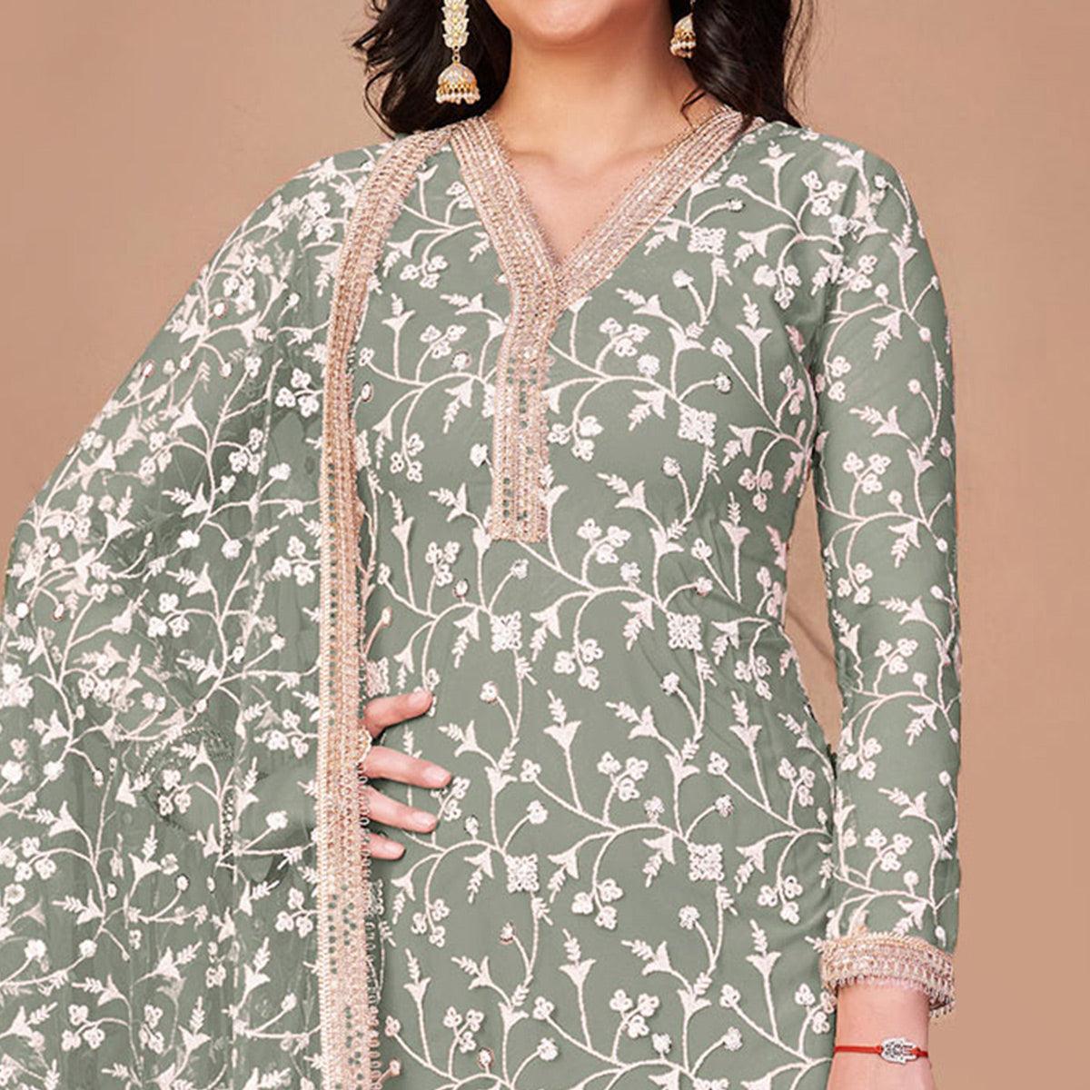 Light Mehendi Green Floral Embroidered Netted Suit
