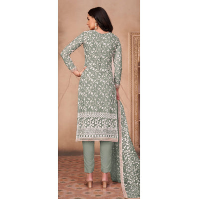 Light Mehendi Green Floral Embroidered Netted Suit