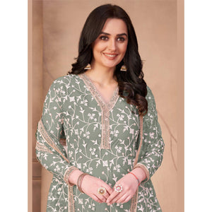 Light Mehendi Green Floral Embroidered Netted Suit