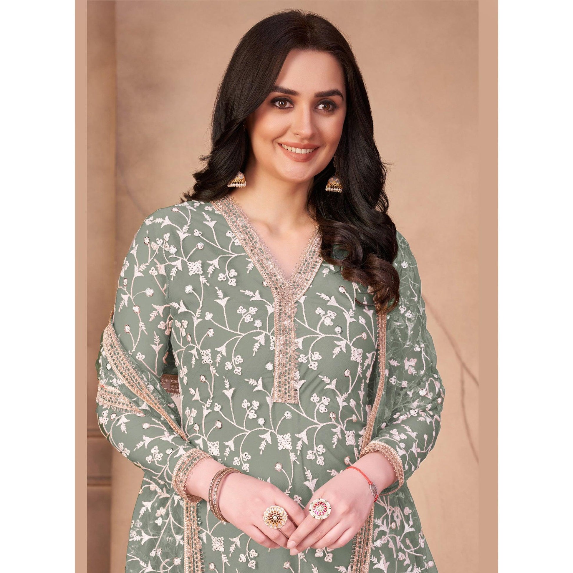 Light Mehendi Green Floral Embroidered Netted Suit