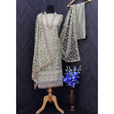 Light Mehendi Green Floral Embroidered Netted Suit
