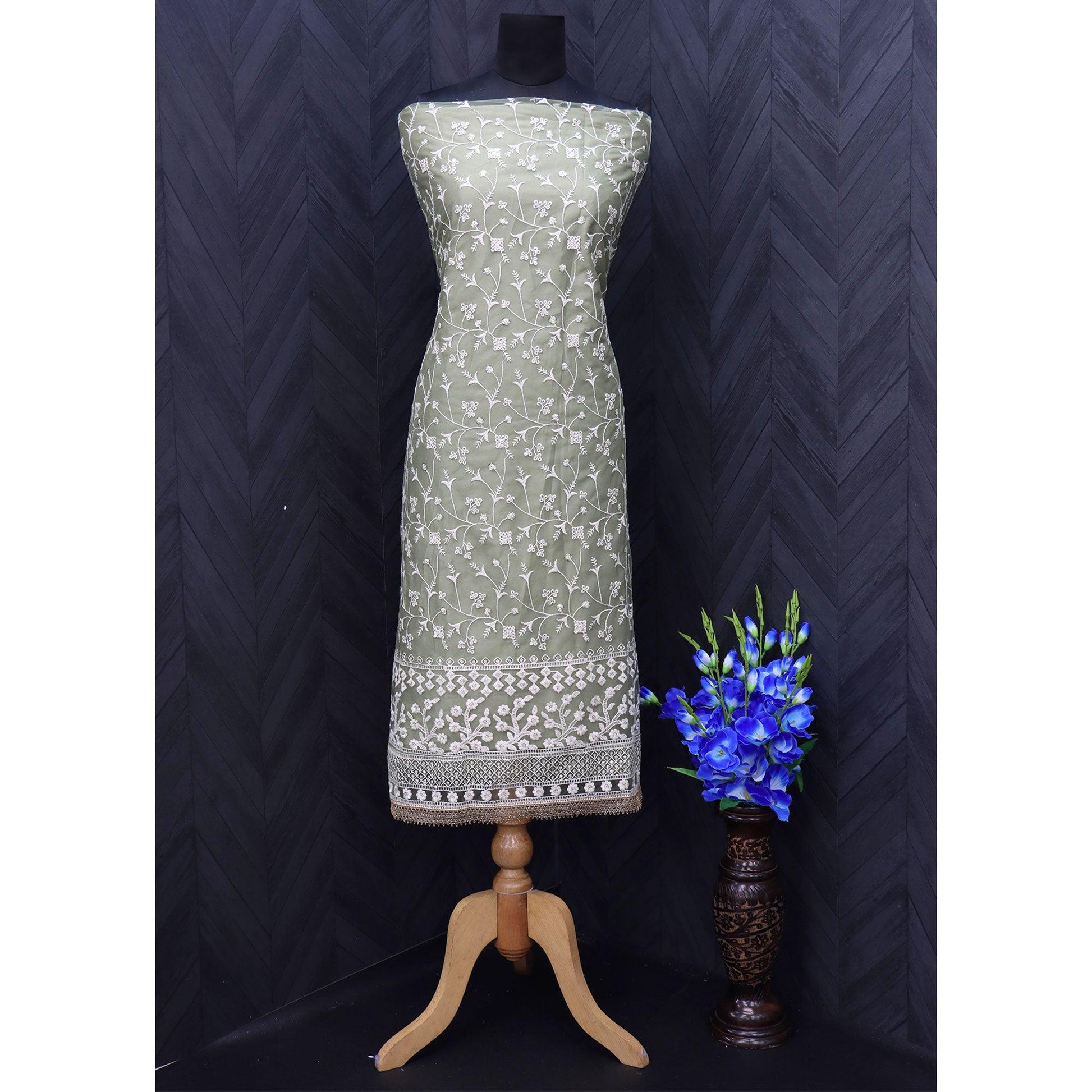 Light Mehendi Green Floral Embroidered Netted Suit