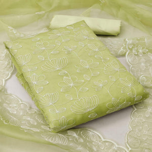 Light Mehendi Green Floral Embroidered Organza Dress Material