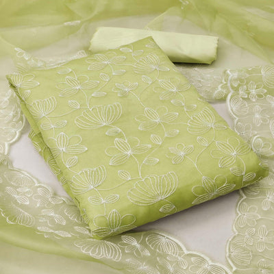 Light Mehendi Green Floral Embroidered Organza Dress Material