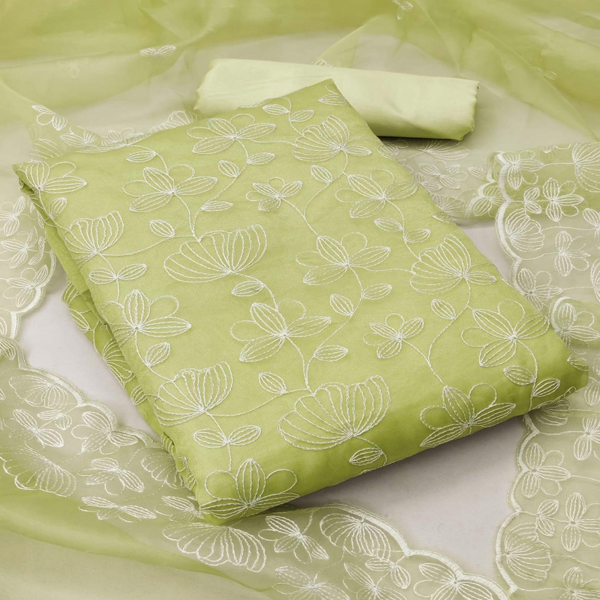 Light Mehendi Green Floral Embroidered Organza Dress Material