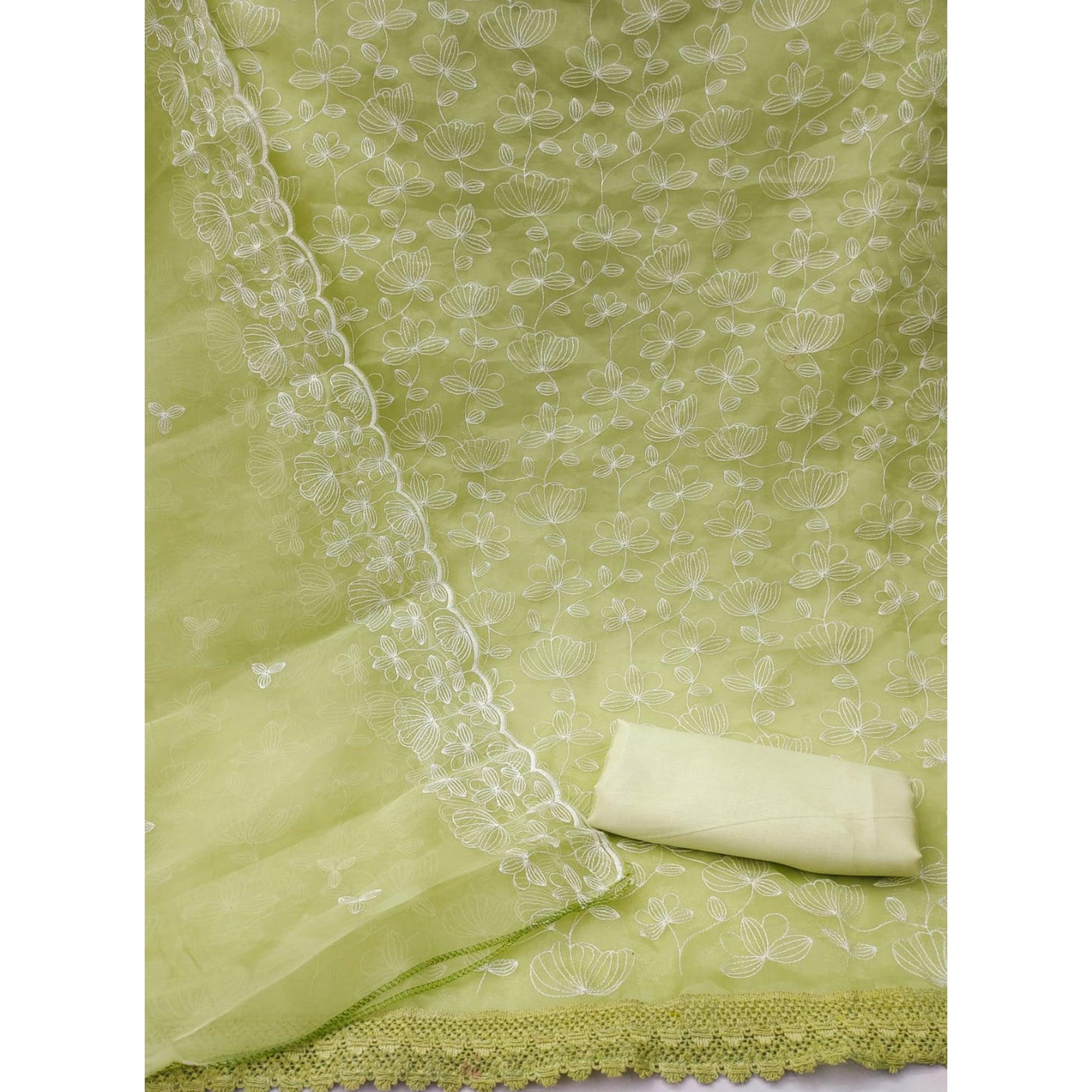 Light Mehendi Green Floral Embroidered Organza Dress Material