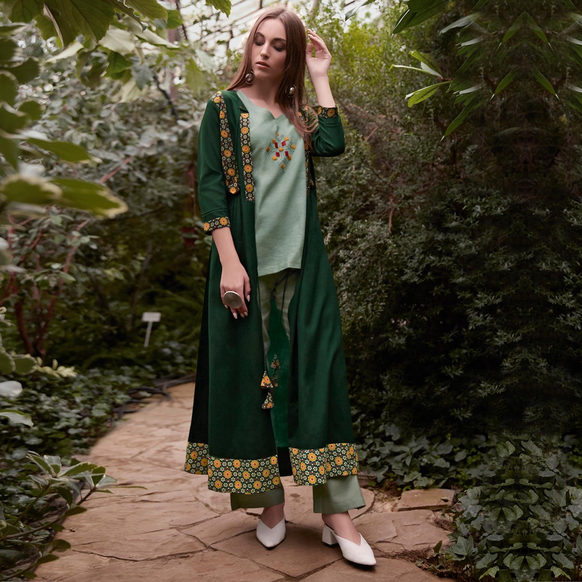 Light Mint-Green Partywear Embroidered Rayon Top-Bottom Set With Shrug
